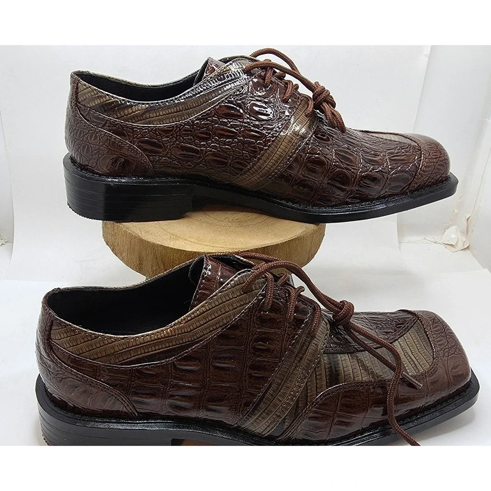Stacy Adams Mens 41018-200 Brown Faux Croc Square Toe Oxford Dress Shoes 7M